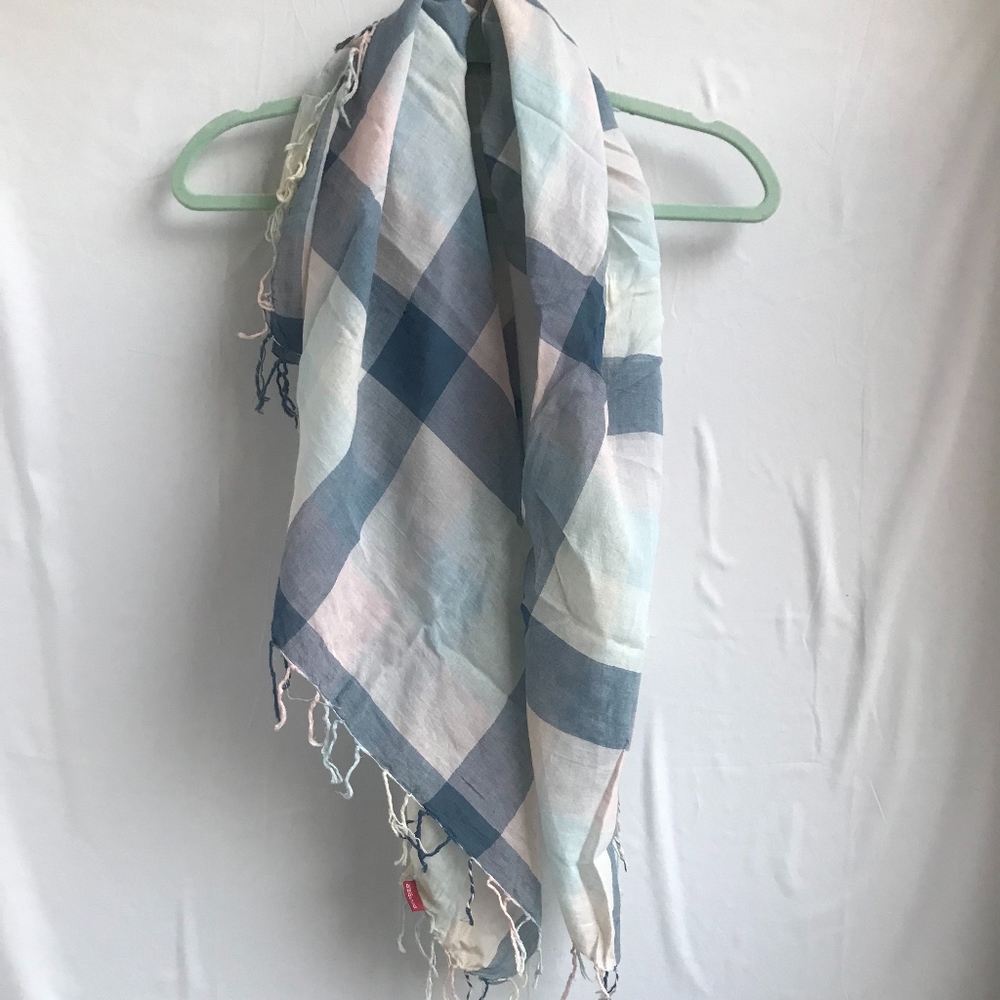 H&M Blue White Pink Plaid Scarf with Tassels